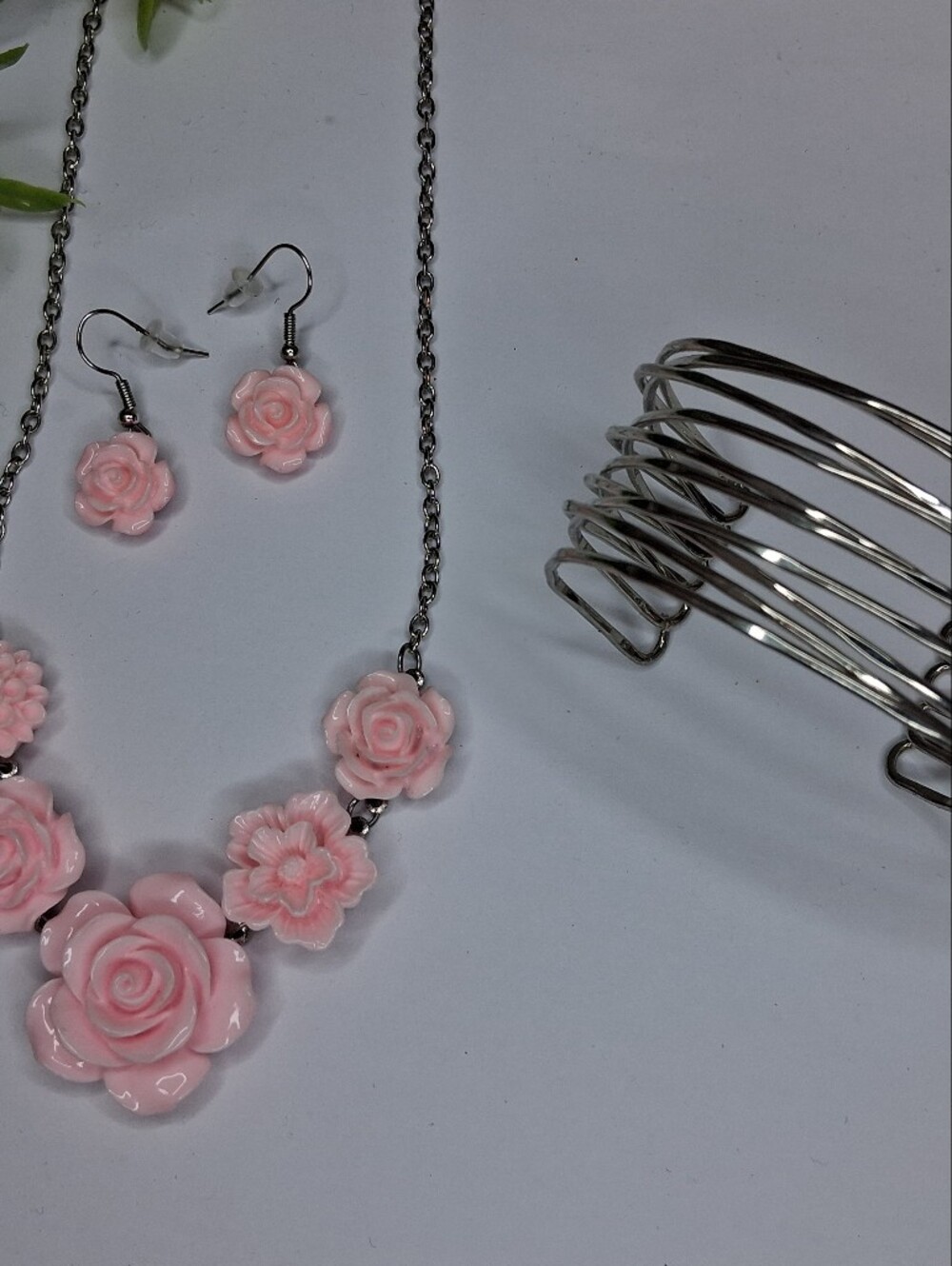 Delicate Pink Rose Resin Necklace And Earrings With Silver Cuff Bracelet